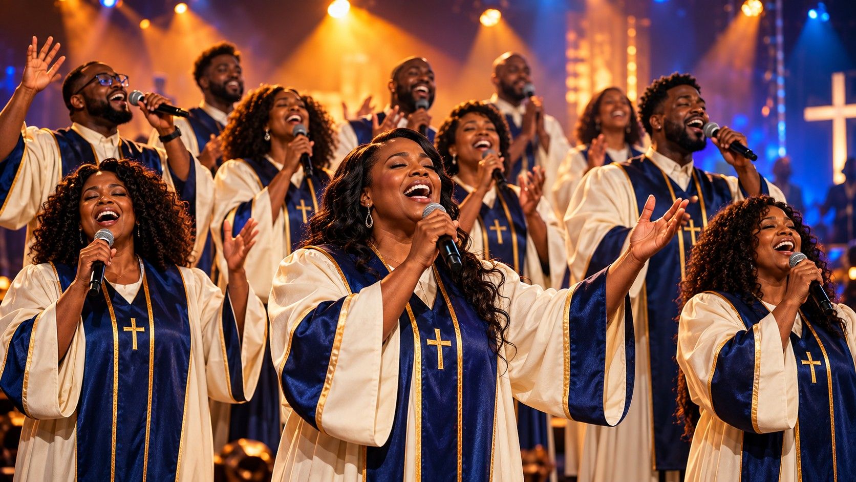 Gospel singer in choir robes singing into a microphone